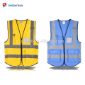 Personalizado Impreso Hi Vis azul Chaleco de seguridad Destacar ropa de trabajo con tiras reflectantes y bolsillos de teléfono e identificación Cremallera frontal